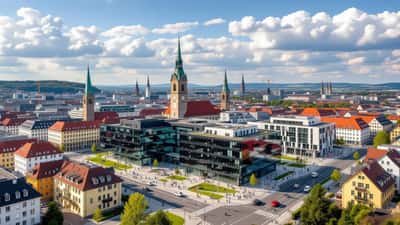 Blick auf das Regierungsviertel von Sankt Pölten, Landeshauptstadt Niederösterreich, mit dem Klangturm im Hintergrund