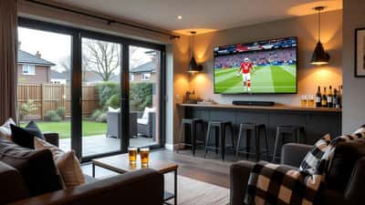 Timber garden room in a UK back garden set up as a home sports bar with a large TV showing football