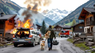 Habitant évacuant un chien et un chat lors de l'incendie d'une menuiserie à Spiringen, canton d'Uri