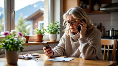 Femme âgée au téléphone, inquiète, victime d'une arnaque à la voix clonée par IA en Suisse