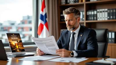Norsk advokat gjennomgår reklameavtale i Oslo-kontor med ølreklame på skrivebordet