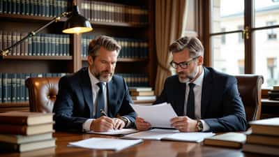 Advokat i Stockholm granskar juridiska dokument med lagbok och vintage radiomikrofon på skrivbordet