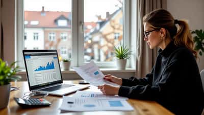 Dansk kvinde gennemgår boliglånsdokumenter og renteberegninger ved hjemmekontor i København