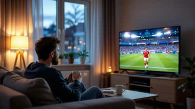 Suomalainen mies katsoo MM 2026 jalkapallo-ottelua Smart TV:ltä pimeässä olohuoneessa kello 6 aamulla