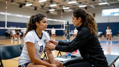 Atleta universitaria de voleibol recibiendo atención médica de un especialista deportivo en la cancha en Texas 2026