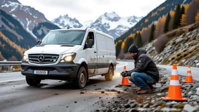 Mécanicien inspectant sous un van couvert de boue après une coulée de boue sur une route alpine en Valais