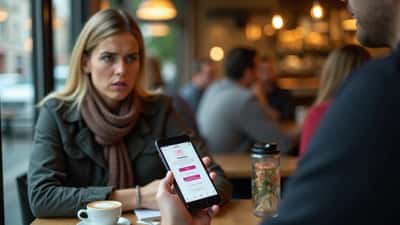 Femme consultant son smartphone dans un café à Lausanne, Instagram ouvert sur l'écran