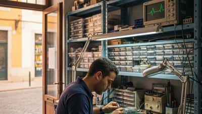 Oficina de reparação eletrónica em Lisboa com técnico a examinar placa de smartphone ao balcão