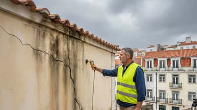 Inspetor de obras português com colete de segurança avaliando danos numa fachada de casa lisboeta após tempestade ciclónica