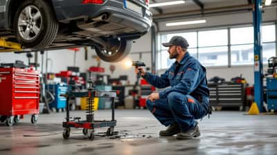 Mécanicien inspectant les amortisseurs d'une voiture soulevée dans un garage automobile suisse