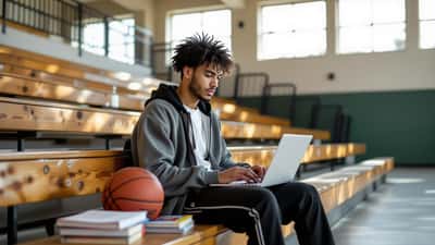 College basketball player studying with a laptop and textbooks beside a basketball in a gym