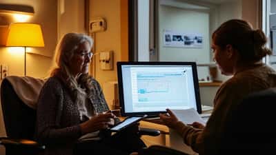 Kona í læknisviðtali með sérfræðing á heilbrigðisstofnun á Íslandi