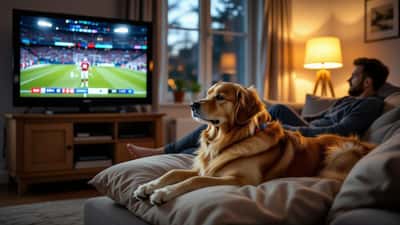 Hond alert op zijn kussen terwijl eigenaar vroeg opstaat om WK 2026 te kijken