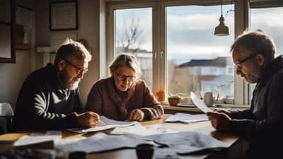 Hjón í Reykjavík yfirfara leigusamning og húsnæðisgögn við borð