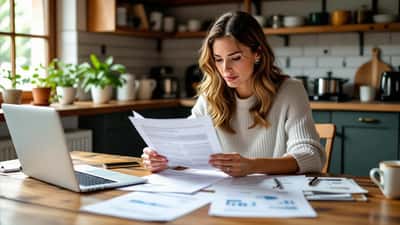 Femme avec un bras en écharpe qui examine des documents d'assurance LAA et des fiches de salaire après un accident d'autoroute