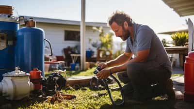 Australian tradesperson inspecting an LPG gas cylinder connection at a home outdoor area