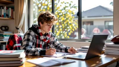 Australian student studying at home desk with football scarf and textbooks, representing the link between WC2026 and academic support