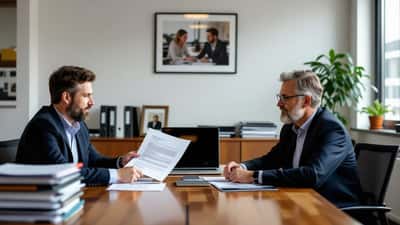 Twee zakenmensen in gesprek over juridische documenten bij een familiebedrijfsconflict over bedrijfsopvolging
