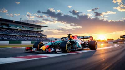 Formula 1 car on the 2026 qualifying grid at sunset