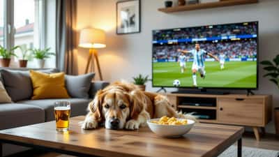 Stresset hund gemmer sig under sofabord i dansk stue mens VM 2026-sejrsfejring larmer fra tv'et