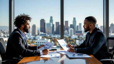 Young NBA athlete reviewing financial documents with wealth advisor in Los Angeles office