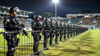 Policiais militares formando barreira em campo de futebol após invasão de torcedores em estádio brasileiro