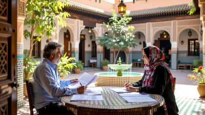 Deux personnes discutent d'un projet immobilier dans un riad traditionnel à Marrakech
