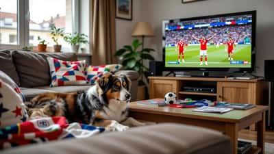 Ängstlicher Hund versteckt sich unter Couchtisch während WM-2026-Feier im österreichischen Wohnzimmer