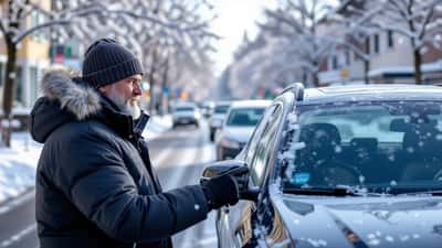 Mann untersucht Frost auf Windschutzscheibe am Morgen der Eisheiligen in München