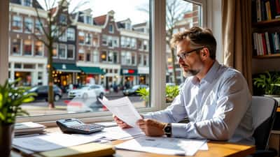 Ondernemer in Blerick controleert subsidieaanvraag Transformatiefonds met financiële documenten op bureau