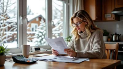Femme examinant ses factures d'électricité et son budget de chauffage à la table de cuisine par un matin d'hiver québécois