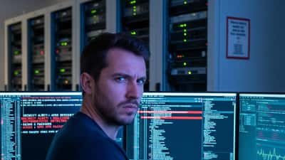 Analyste cybersécurité inspectant des dépendances npm malveillantes dans un centre serveur parisien