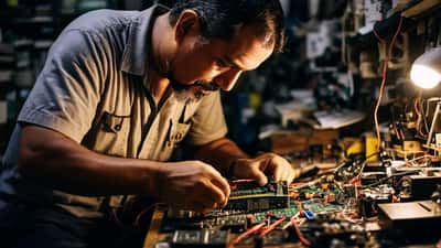 Técnico em eletrônicos reparando smartphone em bancada de trabalho em São Paulo