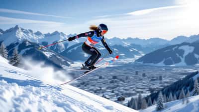 Skispringer im Flug über die Bergisel-Schanze in Innsbruck mit Tiroler Alpen im Hintergrund