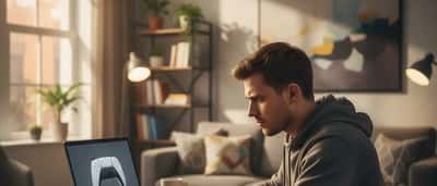 Young British man examining his PlayStation account on a laptop, concerned about cybersecurity after PS5 update