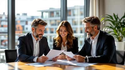 Coppia italiana con un consulente patrimoniale in uno studio professionale a Milano