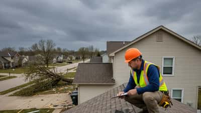 Contractor inspecting roof shingle damage on Iowa home after April 2026 tornado warning