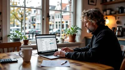 Persoon vergelijkt streamingabonnementen op laptop met rekenmachine en budgetoverzicht aan keukentafel in Amsterdam