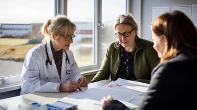 Kona og læknir fara yfir heilsugögn á heilsugæslustöð á Íslandi