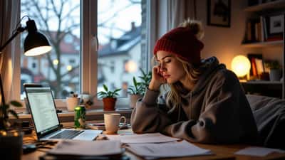 Ung norsk person sliten ved skrivebordet sent på kvelden – illustrasjon av helseproblemer i 20-åra