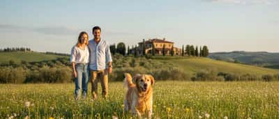 Donna italiana che consulta documenti assicurativi al computer con il suo golden retriever accanto in un luminoso appartamento