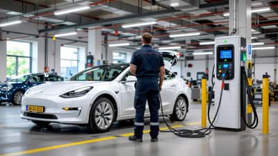 Automonteur controleert bandenspanning van elektrische auto naast thuislaadpaal terwijl stroomprijs piekt