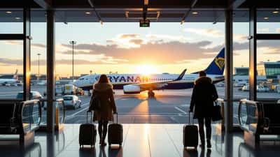 Rejsende med håndbagage ved en lufthavnsgate i Danmark