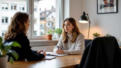 Jeune femme en consultation avec une psychologue dans un cabinet en Suisse