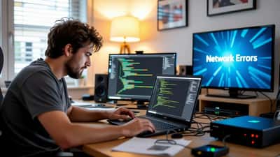 IT-Experte diagnostiziert Netzwerkstörung mit Laptop neben Router mit roten LEDs, Xbox-Konsole im Hintergrund