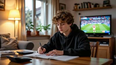 Schüler und Mathe-Nachhilfelehrer berechnen am Küchentisch Wahrscheinlichkeiten, im Hintergrund läuft das WM-Finale