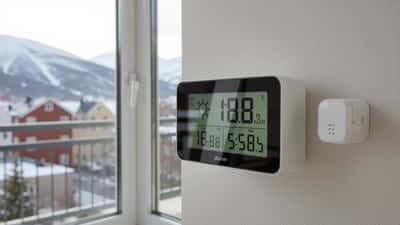 Trådløs værstasjon på stueveggen viser temperatur og lufttrykk, med utesensor på balkongen i bakgrunnen