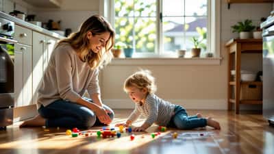 Australian mother calmly sitting beside her toddler having a tantrum on the kitchen floor in a Sydney home