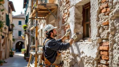 Artigiano restaura la facciata in pietra e intonaco a calce di un edificio storico in un centro storico italiano