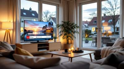 Dansk stue med smart-TV og streamingudstyr til regional TV